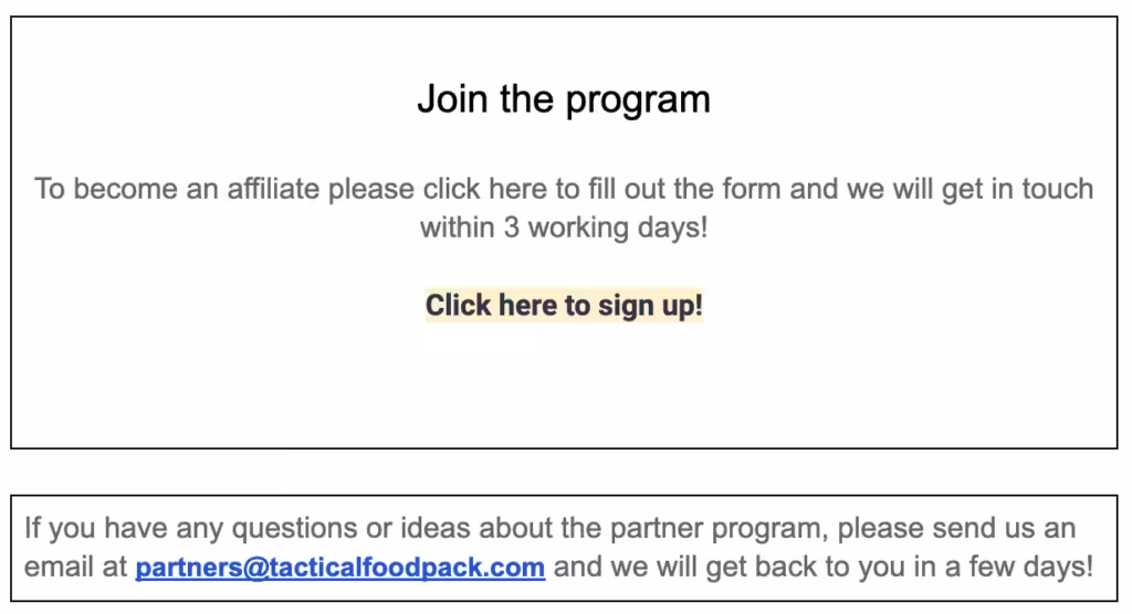 Referral Landing Page Examples: How to Attract Affiliates 19 Affiliate Program Landing Page Outline for Tactical Foodpack 07