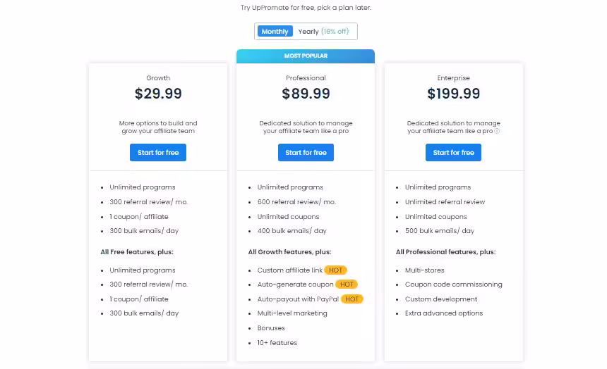 UpPromote plans and pricing