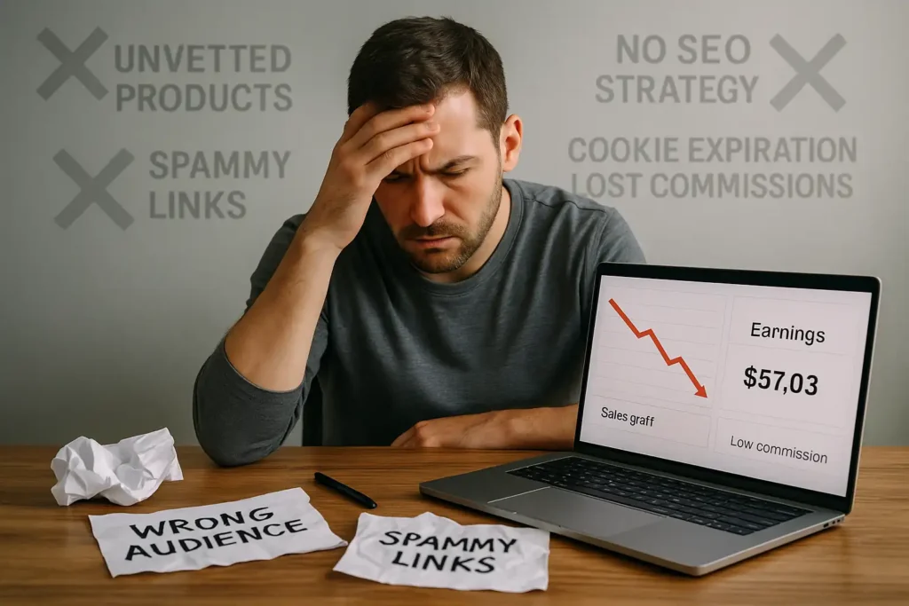 Frustrated affiliate marketer at desk surrounded by visual cues of common affiliate marketing mistakes like low commissions, SEO neglect, and poor product choices.