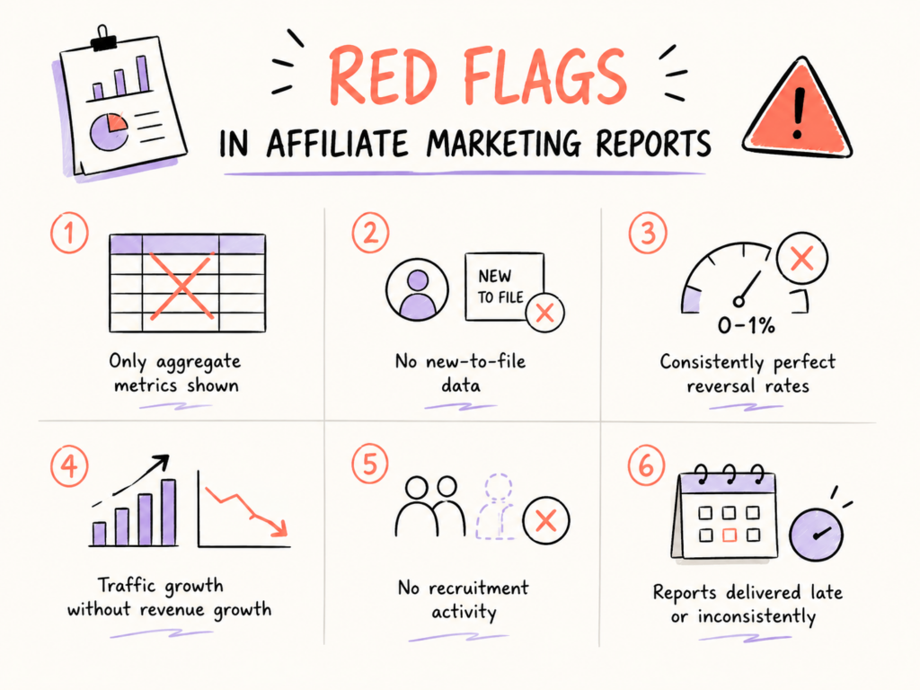What Affiliate Marketing Reports Should You Ask Your Agency For? 6 Visual guide to evaluating affiliate marketing reports, covering reporting quality, new customer data, reversal rates, recruitment, and revenue trends.