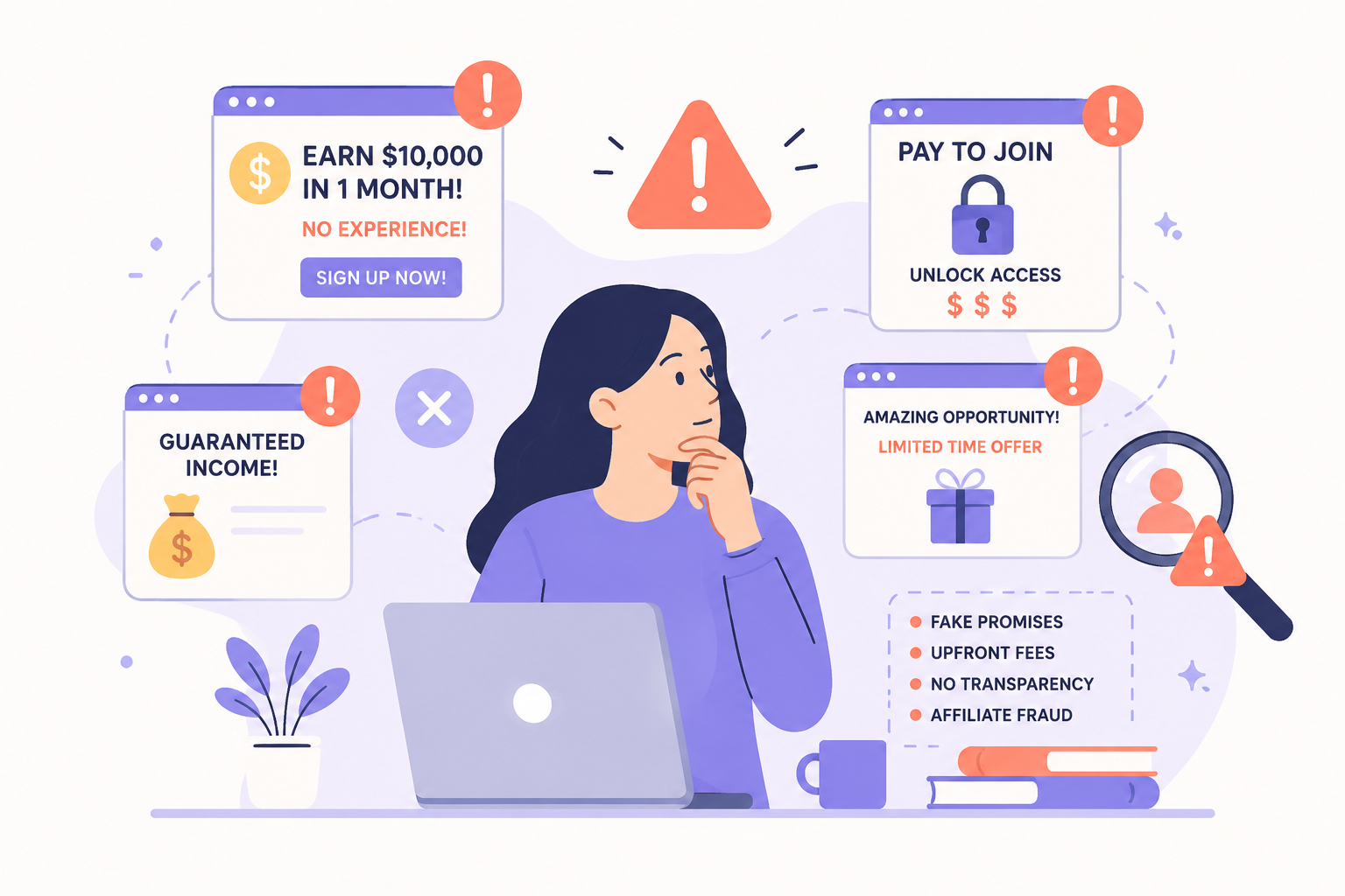 Is Affiliate Marketing Legit? The Honest Answer for Brands and Creators in 2026 4 Illustration of a person identifying affiliate marketing scams, including fake income promises, pay-to-join programs, and fraudulent affiliate opportunities.